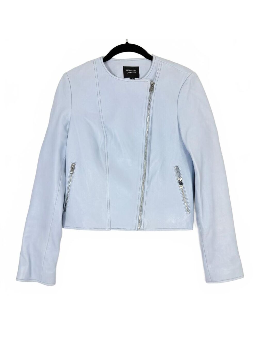 Lamarque Donna Pastel Light Blue Leather Biker Jacket Asymmetric Zip Moto Small